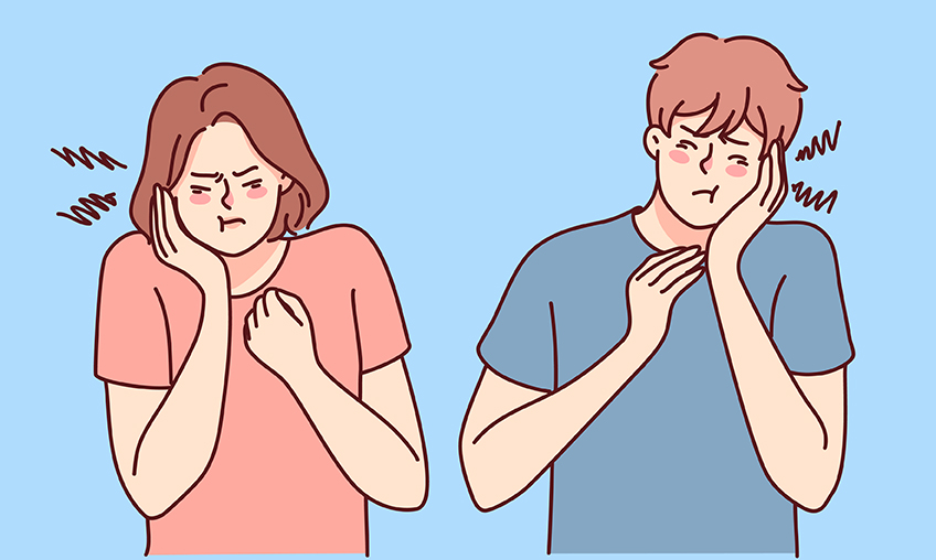 A woman and a man frown and hold the side of their face because of toothache pain.